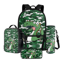 Cartoon Dinosaur Camo Backpack Set for Kids (4pcs): Backpack, Lunch Box, Pencil Case & Water Bottle Holder – Compatible with School Use