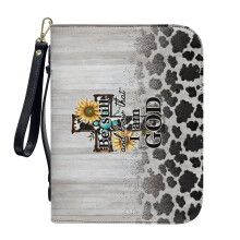 Cow Spot Cross Sunflower PU Leather Bible Cover for Women & Men – Be Still and Know I Am God, 2XL, with Detachable Wristlet Strap – Compatible