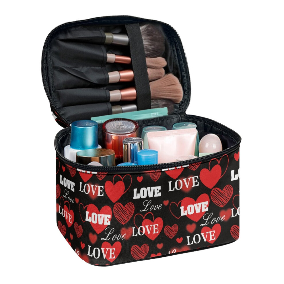 Cosmetic Bag Organizer Portable Cosmetic Bag Brush Holders Double Zipper Red Heart
