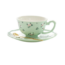 European Small Green Flower Coffee Cup and Saucer with Spoon Ceramic Tea Cup Office Drinking Water Cute Mug