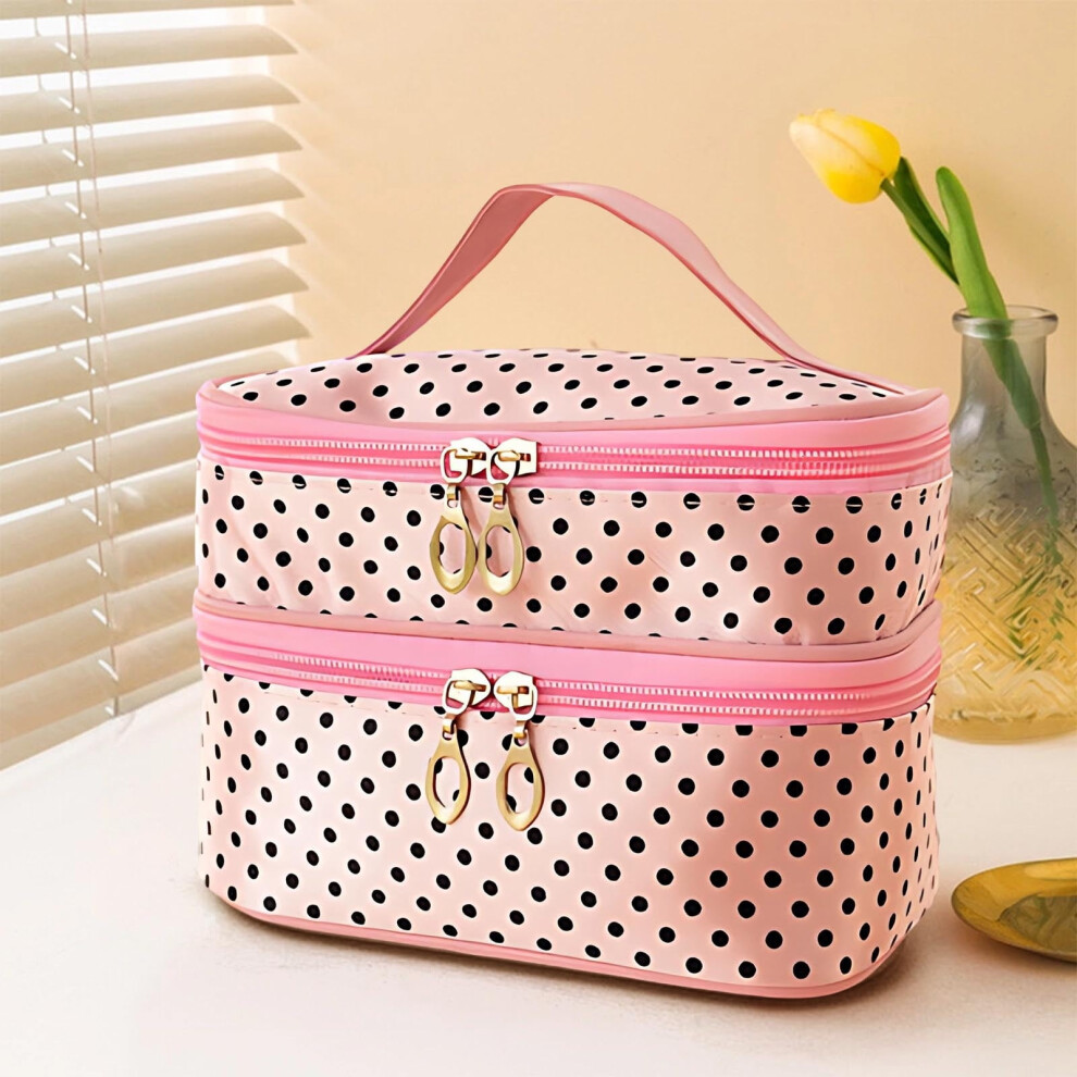 1 Pcs Dot Cosmetic Bag Double Layer Mackup Bag Portable Toiletry Bag for Travel, Gym, or Professional Makeup Artists