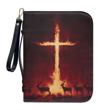 Lightweight PU Leather Bible Cover with Detachable Wristlet Strap – Flame Cross Elk Print, Compatible with Standard Bibles