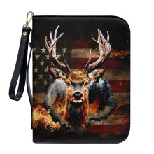 Elk American Flag Forest Flame PU Leather Bible Case – 2XL, Detachable Wristlet Strap, Compatible with Standard Bibles