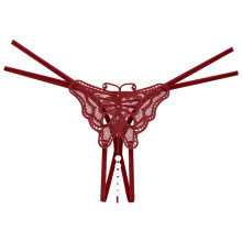 Women's Embroidered Butterfly Low-Waist Thong, Hollow & Pearl Massage G-String – Compatible with Wine Color