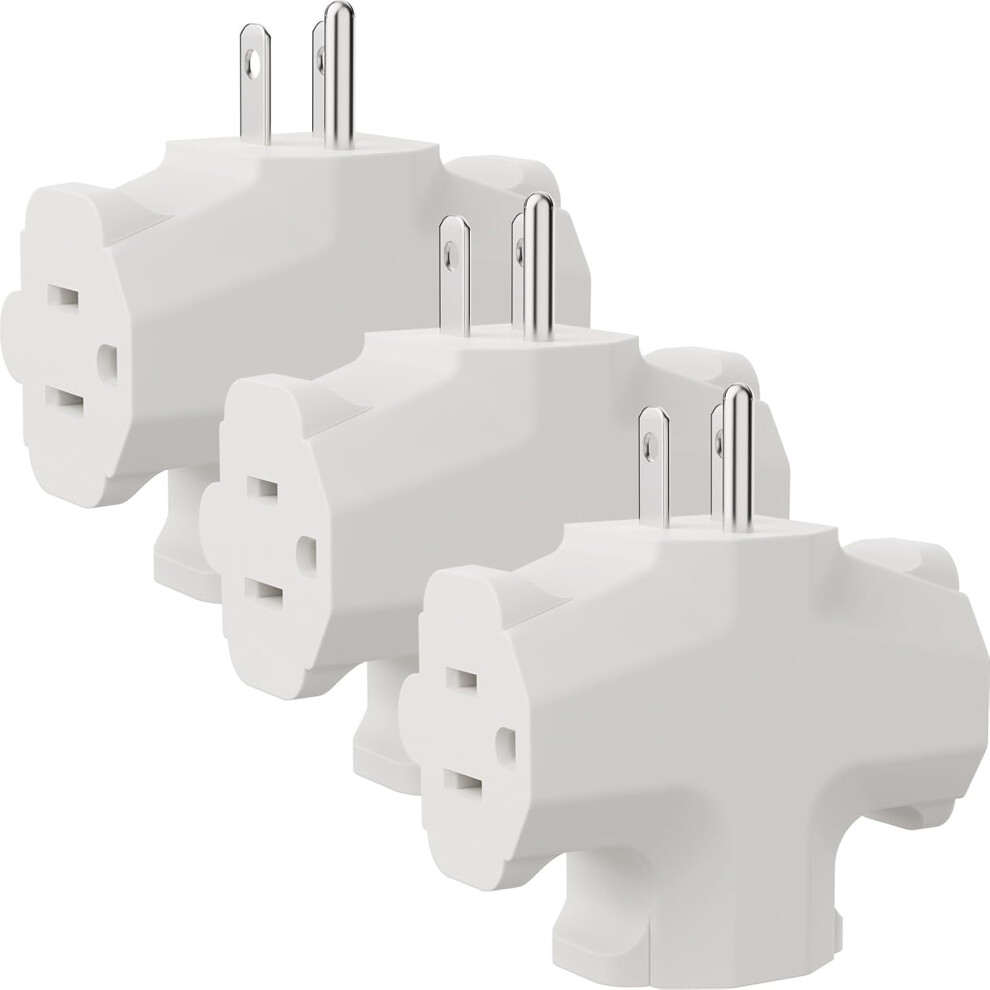 3 Way Plug Adapter, 3 Plug Wall Adapter, 3 Prong, Grounded, 15A, 1875W, Multiple Plug Expander For Home, Outdoor, Etl Listed, White, 3Pack 9448990706440