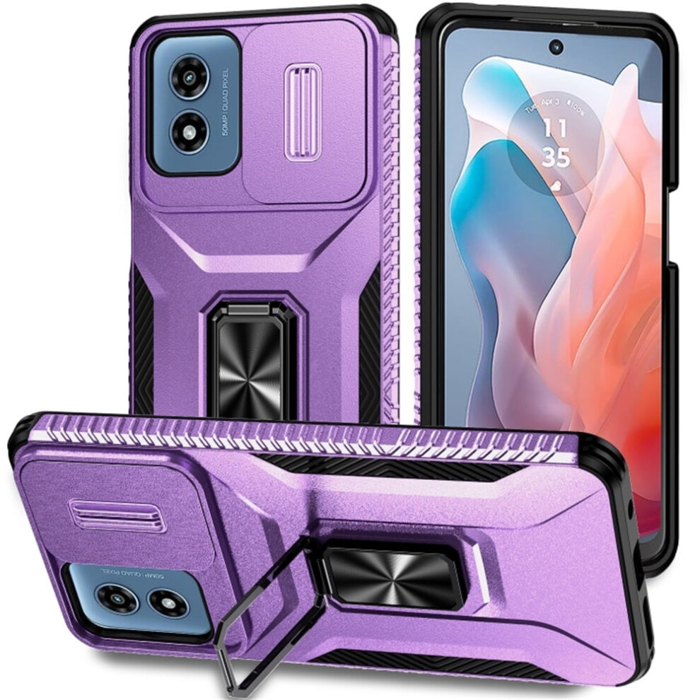Slim Shockproof Hybrid Case For Motorola Moto G Play 2024 (6.5"), With Slide Camera Cover & Rotating Ring Kickstand, Military-Grade Purple 9496895272638