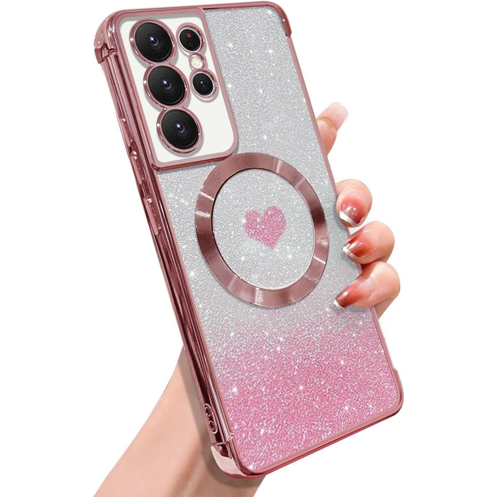 Magnetic Bling Heart Case For Samsung Galaxy S21 Ultra Â Magsafe-Compatible, Shockproof, Clear Luxury Plating Pink 9180435277640