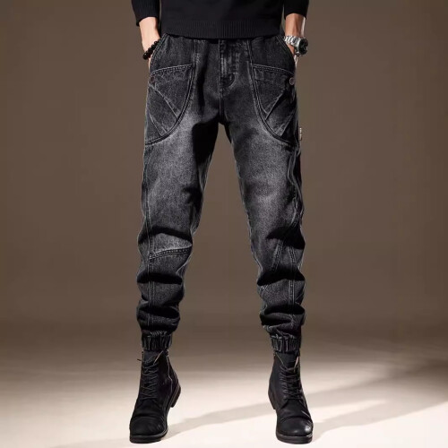 Mens Vintage Jeans, Trendy Patchwork, Washed, Loose Cuffed Style