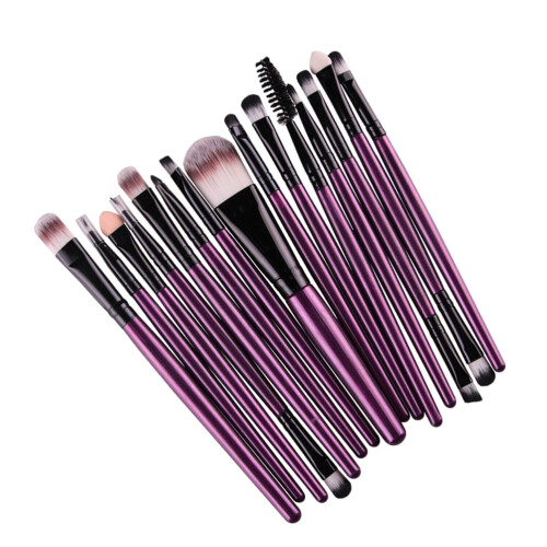 Makeup Brush Kit Purple Plastic 15Pcs Pearlescent Wooden Handle