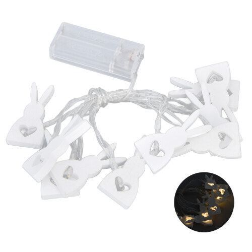 Guirnalda de luces LED de conejito de madera, 10 luces, funciona con pilas.