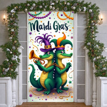 Pancarta de Mardi Gras, fondo con máscara adornada con plumas y cuentas doradas y color púrpura.