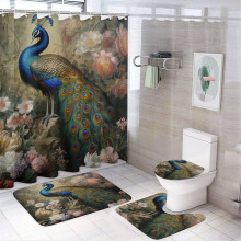 Peacock & Flowers 4-Pc Bathroom Rug Set + Shower Curtain, U-Shaped Mat, Toilet Lid & Oval Rug, Vintage Waterproof Decor