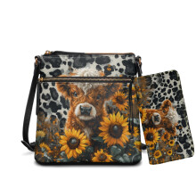 Set aus Umhängetasche und Geldbörse aus PU-Leder mit Sonnenblumen- und Leopardenmuster von Highland Cow, große Henkeltasche mit mehreren Fächern