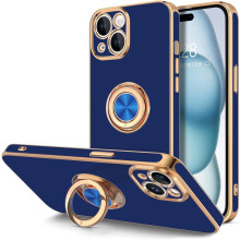 Étui pour iPhone 15 avec support annulaire rotatif à 360 et béquille magnétique, bordure or rose, coque bleue douce luxueuse – Compatible