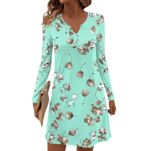 Γυναικείο Φόρεμα Midi με V-Neck και Φλοράλ Στάμπα, Κυανό S