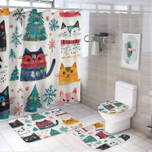 4-Pc Winter Cat Shower Curtain Set with Rug, Toilet Cover & U-Shaped Mat – Waterproof, Durable, Compatible with Standard Showers