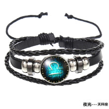 Bracelet en cuir multicouche phosphorescent avec signe du zodiaque – Ajustable, fait main, noir vintage, pour la Balance (Convient à toutes les