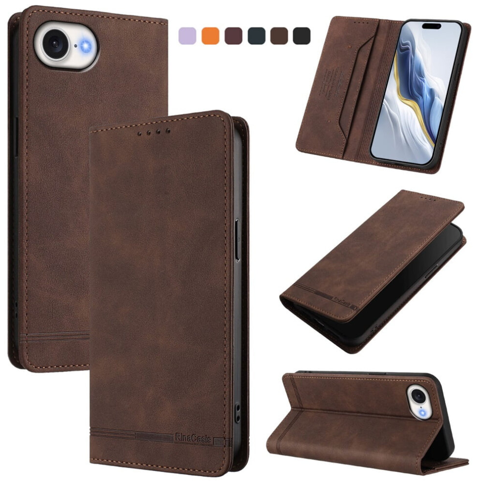 Magnetic Phone Case For Iphone 16E 6.1": Rfid Blocking, Card/Cash Slots, Kickstand, Shockproof Flip Folio, Brown 9313598242822