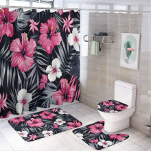 Ensemble de douche tropical 4 pièces avec rideau, tapis antidérapant, housse de toilette et tapis de bain – Style hawaïen hibiscus