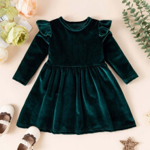 Girls Velvet A-line Dress with Ruffle Long Sleeves