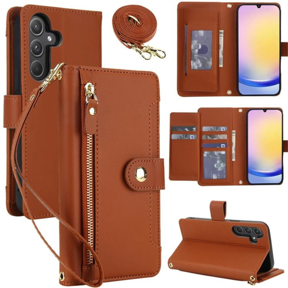 Rfid-Blocking Wallet Case For Samsung Galaxy A15 5G/4G (6.5"), Shockproof, Multi-Card Slots, Zipper Pocket, Detachable Straps, Brown 9496895272188