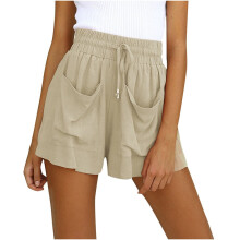Shorts esportivos femininos plus size, em mistura de algodão e linho, com cintura elástica, cordão e bolsos, na cor verde militar – ideais para