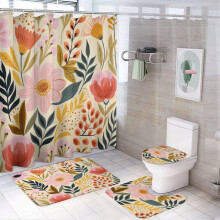 Ensemble de rideau de douche 4 pièces avec tapis antidérapant, couvre-abattant de toilette et tapis de bain – Fleurs sauvages rose clair/ambre,