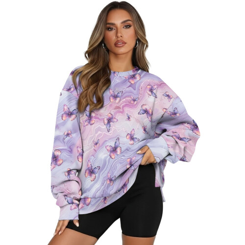 Damen-Pullover-Sweatshirt mit Marmor-Schmetterlingsmuster, lang