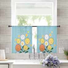 Voilages 52 po L x 54 po H, motif fleurs souriantes jaunes et blanches sur fond bleu texturé, voilages filtrant la lumière avec passe-tringle – 2