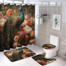 Ensemble de douche 4 pièces avec rideau, tapis antidérapant, couvre-abattant de toilette et tapis de bain – Motif paon turquoise, tissu