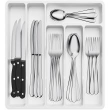 Silverware Drawer Organizer Tray, 5-Compartment Plastic Cutlery Storage for Kitchen Drawer, Compatible with Spoons, Forks, Knives – Black