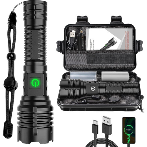Επαναφορτιζόμενος φακός 100K Lumens - XHP70.2LED, 5 λειτουργίες, δυνατότητα ζουμ, IPX6, Type-C
