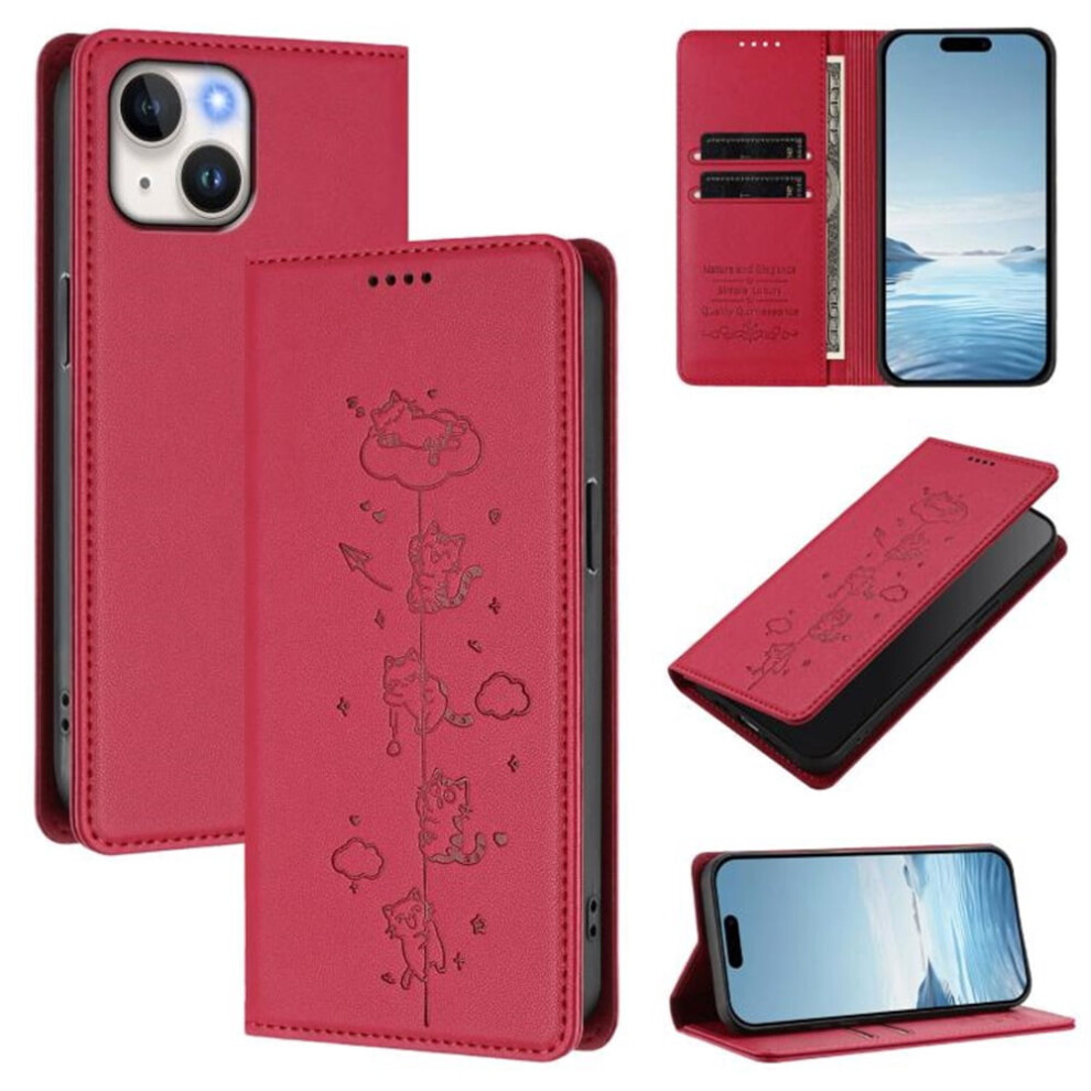 Rfid-Blocking Leather Flip Wallet Case For Iphone 14 Plus Â Playful Cats Embossed, Magnetic Closure, Card Holder, Red 9313598239600