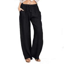 Damen-Freizeithose aus lockerem Baumwoll-Leinen-Mix mit Kordelzug und Taschen, ideal für Alltag und Zuhause.
