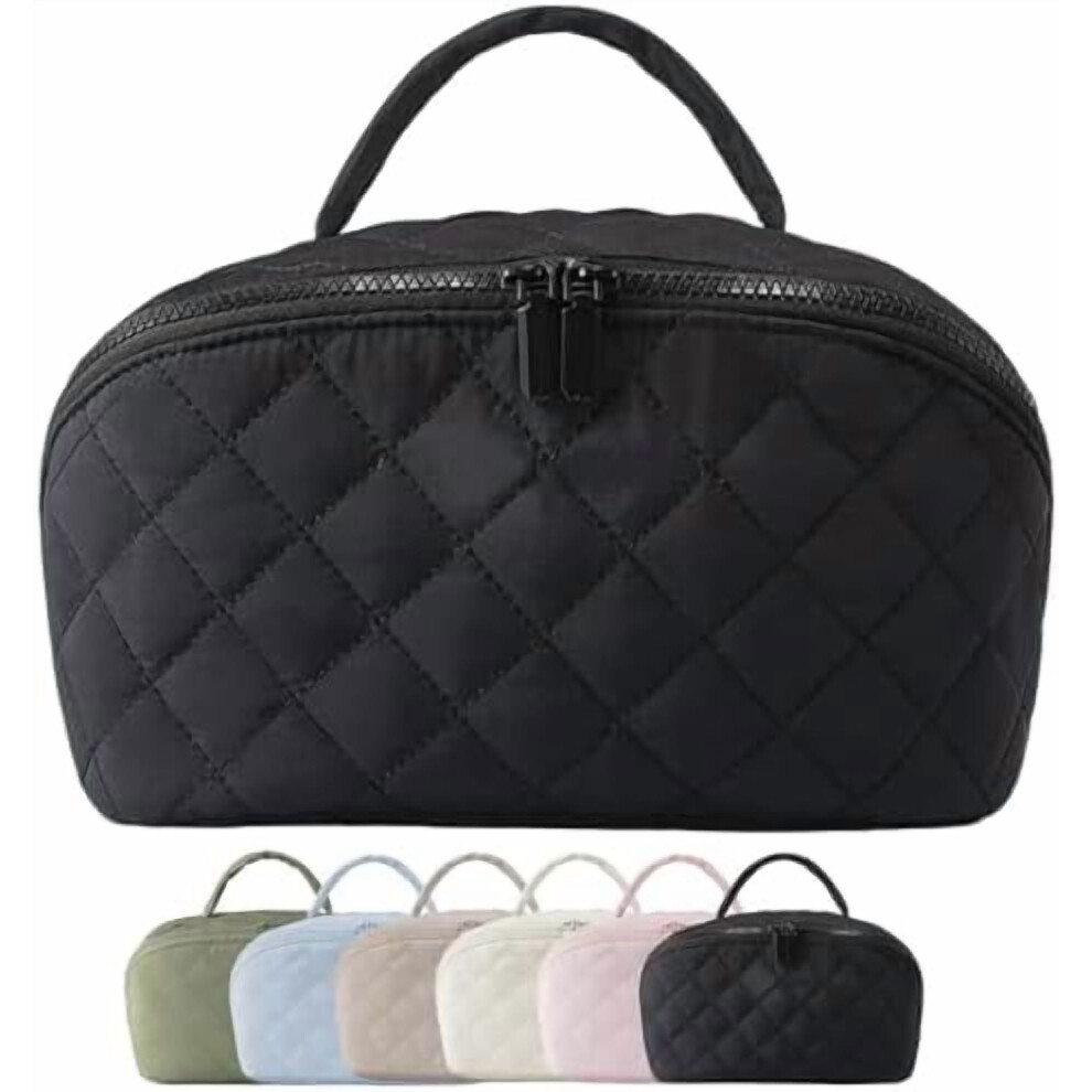 Black/Pink/White Petition Travel Makeup Bag For Women Â 180 Lay-Flat Puffy Cosmetic Organizer With 5 Compartments, Machine Washable, Ideal Gift