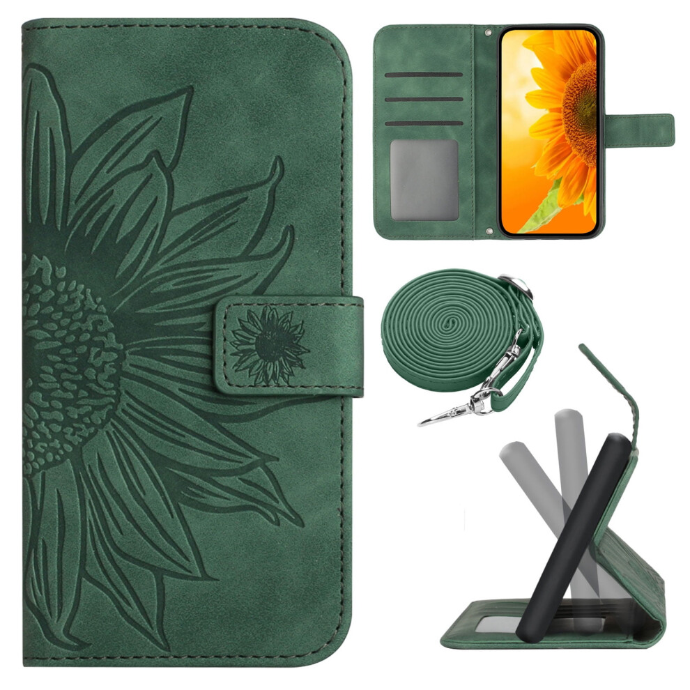 Crossbody Wallet Phone Case For Compatible With Samsung Galaxy A35 5G 2024, Embossed Sunflower, Shockproof, Lanyard Strap, Slim Flip Purse Â Green 9329345393136