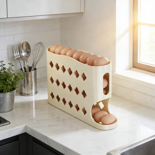 Automatic Rolling Egg Dispenser - Space-Saving Refrigerator Egg Storage Organizer (Holds 30 Eggs)