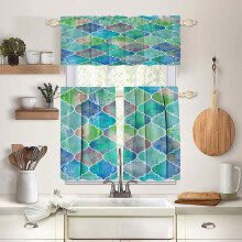 Morocco Teal Kitchen Curtains Set Semi-Sheer 3-Piece