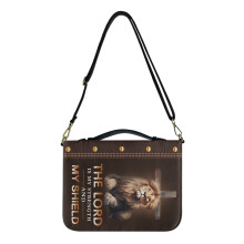 Lion Cross Print Leather Bible Case with Handle & Strap – XL Bible Cover, Journal Case, Church Study Protector