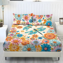 Ensemble de draps 3 pièces pour lit simple XL, doux et rafraîchissant, avec poches entièrement élastiquées de 25 cm, motif libellule bohème et