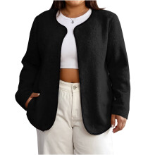 Giacca in pile da donna taglie forti, casual, tinta unita, maniche lunghe, nera, taglia XXXXL