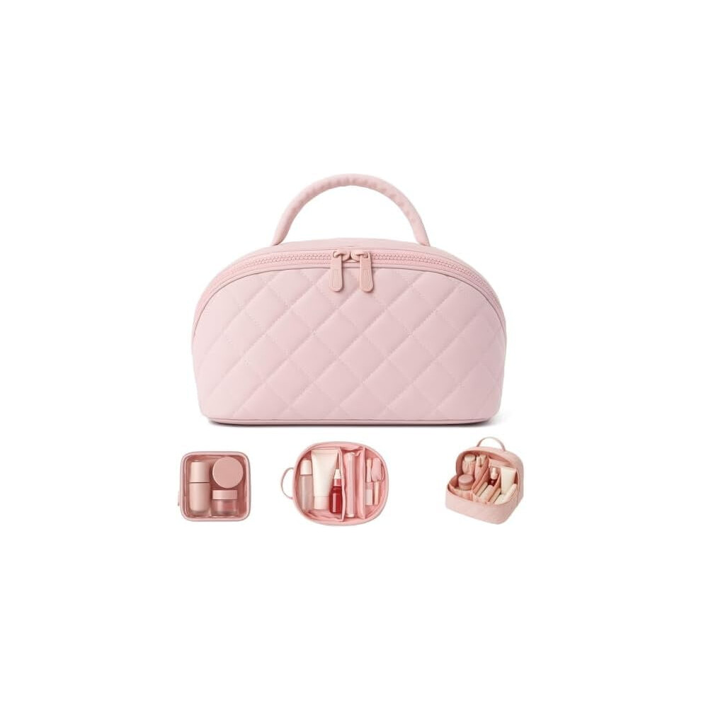 Black/Pink/White Petition Travel Makeup Bag For Women Â 180 Lay-Flat Puffy Cosmetic Organizer With 5 Compartments, Machine Washable, Ideal Gift