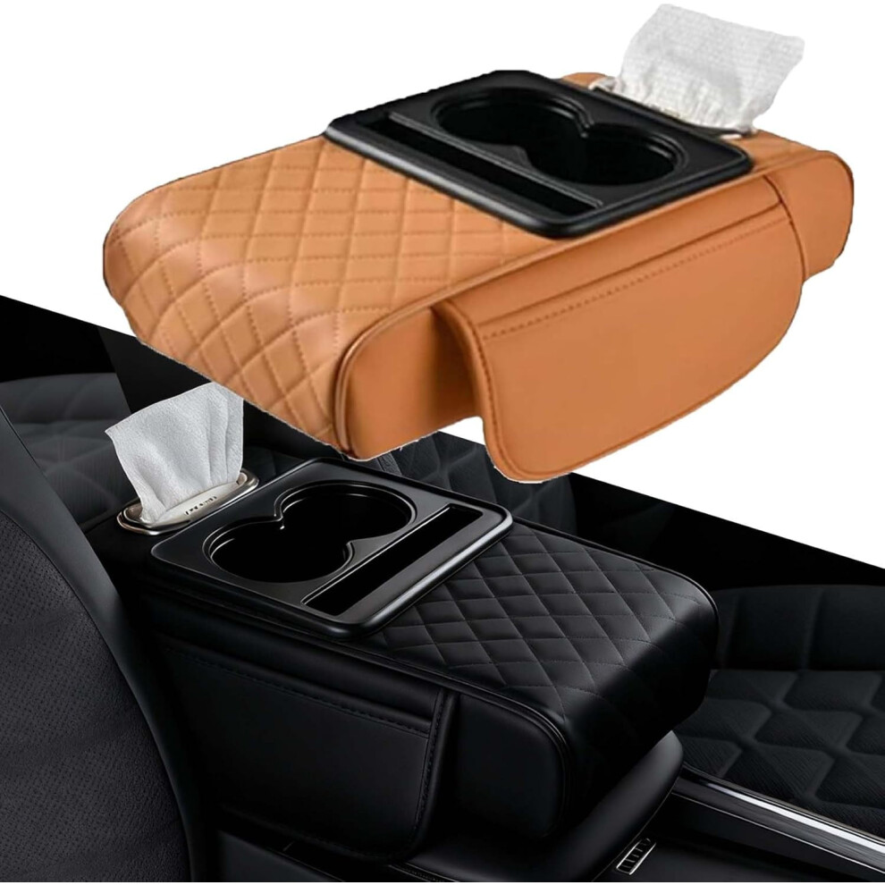 Pu Leather Car Armrest Box Mat, 4-In-1 Console Cover With Cup Holders, Tissue Slot, Phone Holder & Storage Bag, Compatible With Most Vehicles 9377112568089