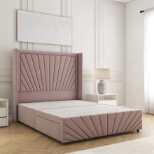 (Pink, 6ft Super King (No Mattress))) Nola 54” Winged Divan Double Bed Base Plush Velvet Built-in 2 Drawers