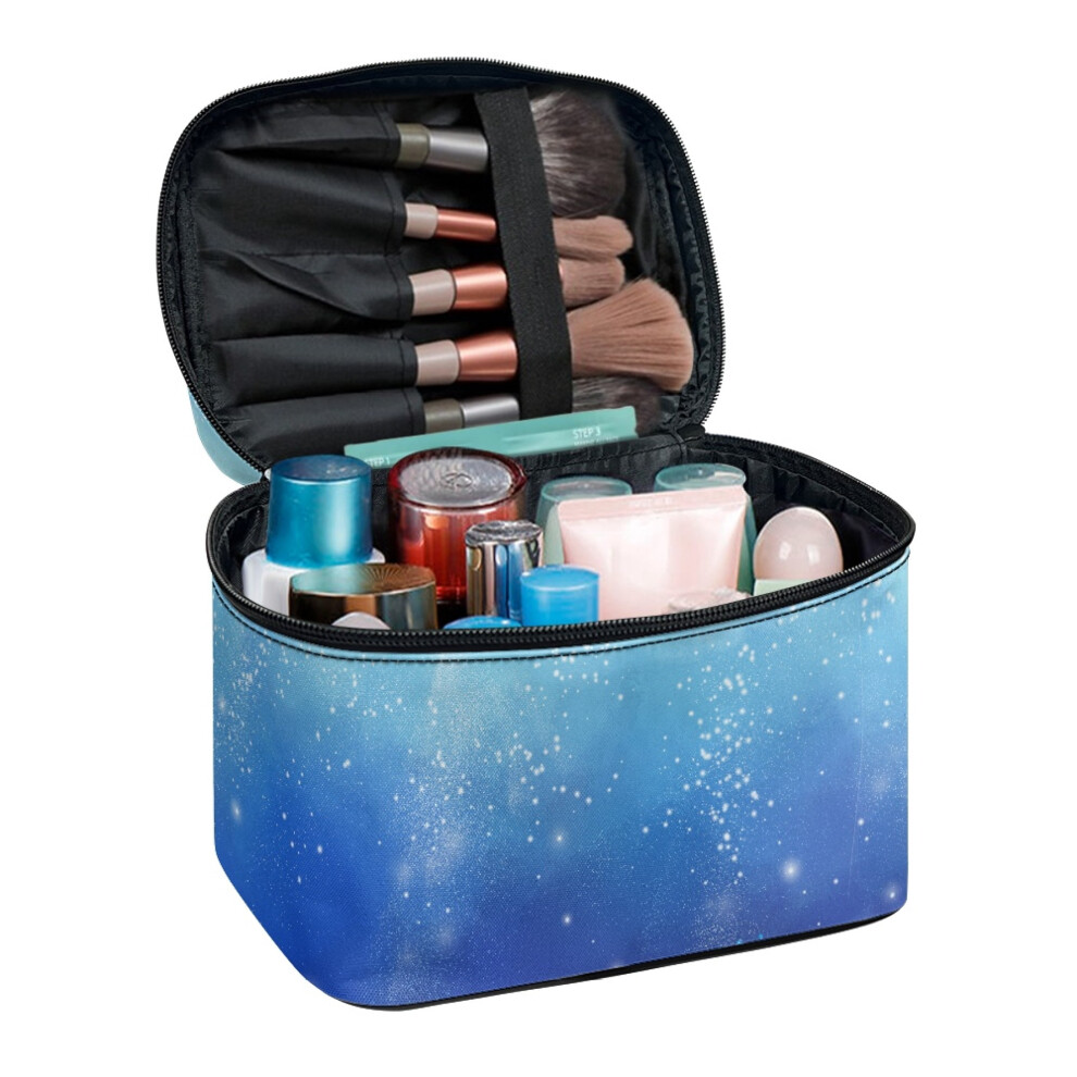 Blue Polyester Travel Makeup Bag With Brush Compartment Handheld Cosmetic Case Brush Slots Home Travel Office, Glitter Gradient