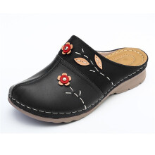 Sandales compensées à bout fermé pour femmes, sandales d'été fleuries, chaussures confortables à enfiler (noires)