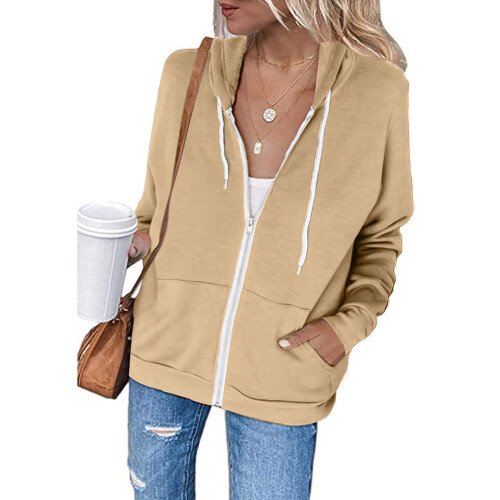 Casaco feminino com capuz e zíper em microfibra, com bolsos, leve e de cor sólida. 1