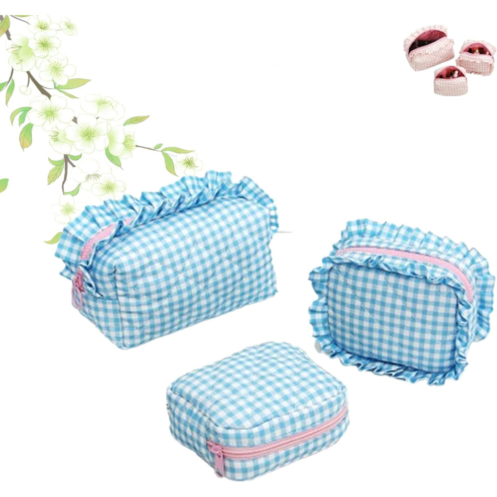Blue/Purple/Red Ruffle Pouch Bag Set (3Pcs), Gingham & Quilted Makeup/Toiletry Bags, Mini Cosmetic Organizer For Travel