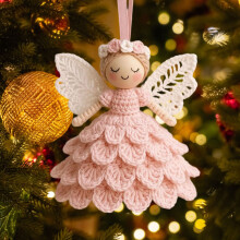 Crocheted Angel Ornament Kit – 5.9in Pink Yarn Pendant, DIY Christmas Tree/Home Decoration, Compatible with Crochet Hooks