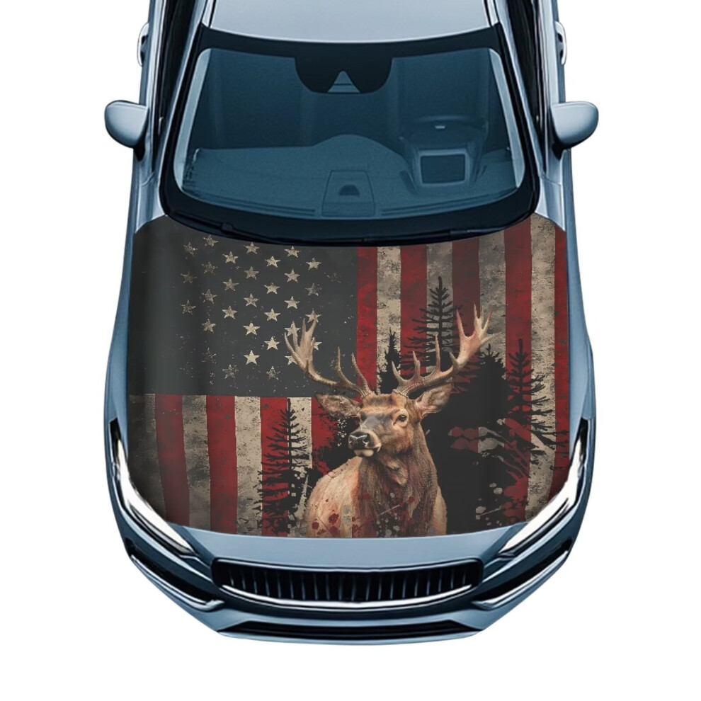 Stretchable Car Hood Cover: Deer & American Flag Design, Weather-Resistant, 59.05"X39.37", Fits Most Sedans, Trucks, Pickups, Sports Cars 9377112566436
